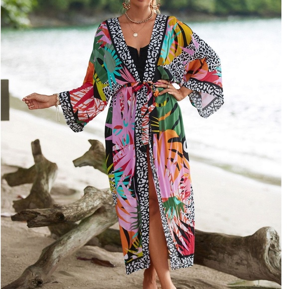 Colorful Tropical Print Duster Beach Cover up Kimono - Picture 2 of 8